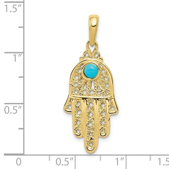 10kt Yellow Gold Turquoise Filigree Chamseh Pendant