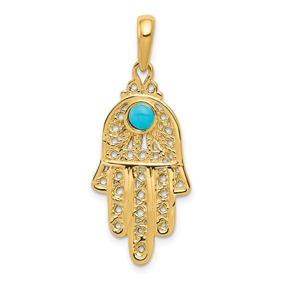 10kt Yellow Gold Turquoise Filigree Chamseh Pendant