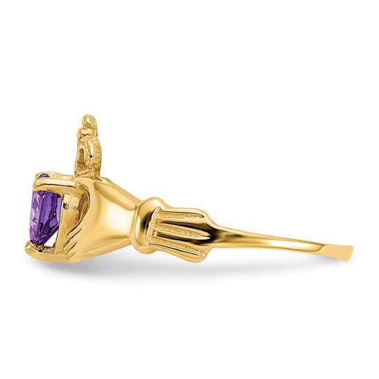 10kt Yellow Gold CZ February Birthstone Claddagh Heart Ring