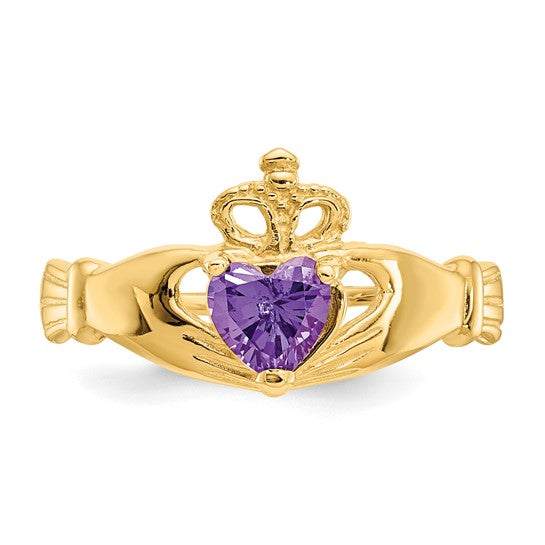 10kt Yellow Gold CZ February Birthstone Claddagh Heart Ring