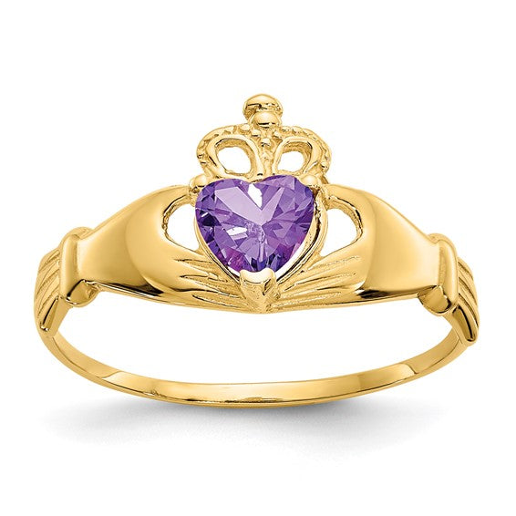 10kt Yellow Gold CZ February Birthstone Claddagh Heart Ring
