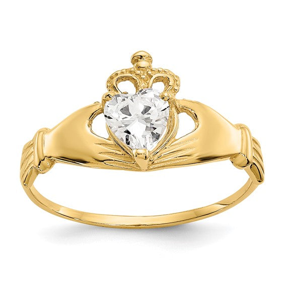 10kt Yellow Gold CZ April Birthstone Claddagh Heart Ring