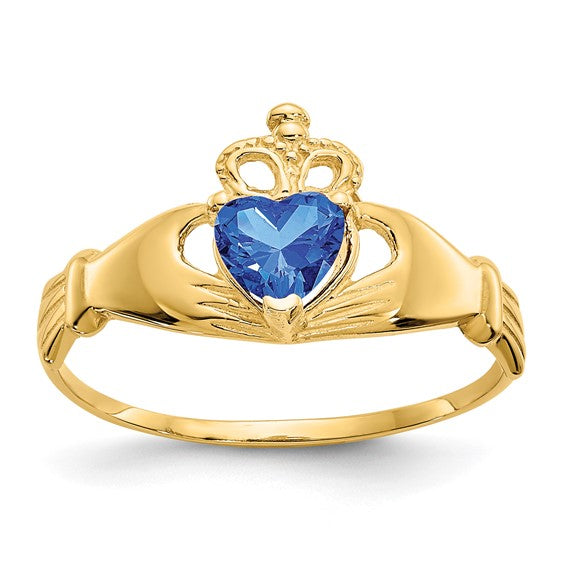10kt Yellow Gold CZ September Birthstone Claddagh Heart Ring