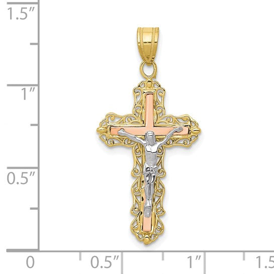 10KT Tri-color Diamond-cut Crucifix Pendant