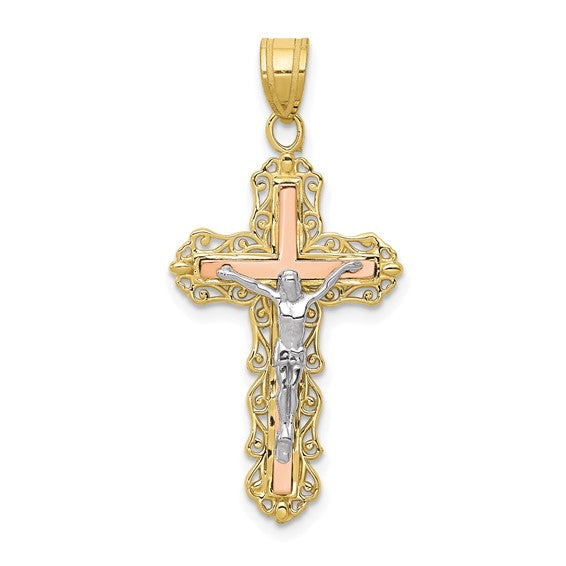10KT Tri-color Diamond-cut Crucifix Pendant