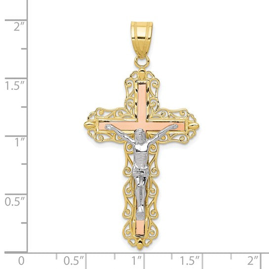 10KT Tri-color Diamond-cut Crucifix Pendant