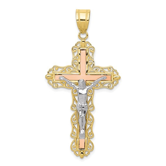 10KT Tri-color Diamond-cut Crucifix Pendant