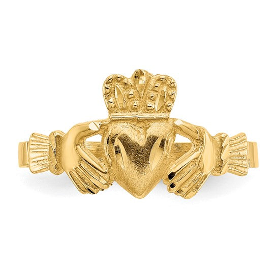 10kt Yellow Gold Satin & Diamond-cut Claddagh Ring