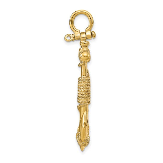 10kt Yellow Gold 3-D Solid Anchor with Rope Pendant