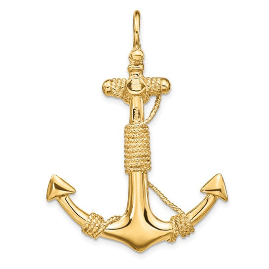 10kt Yellow Gold 3-D Solid Anchor with Rope Pendant