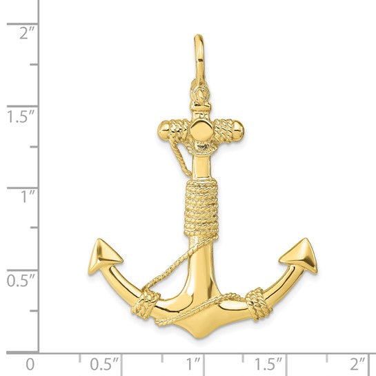 10kt Yellow Gold 3-D Solid Anchor with Rope Pendant