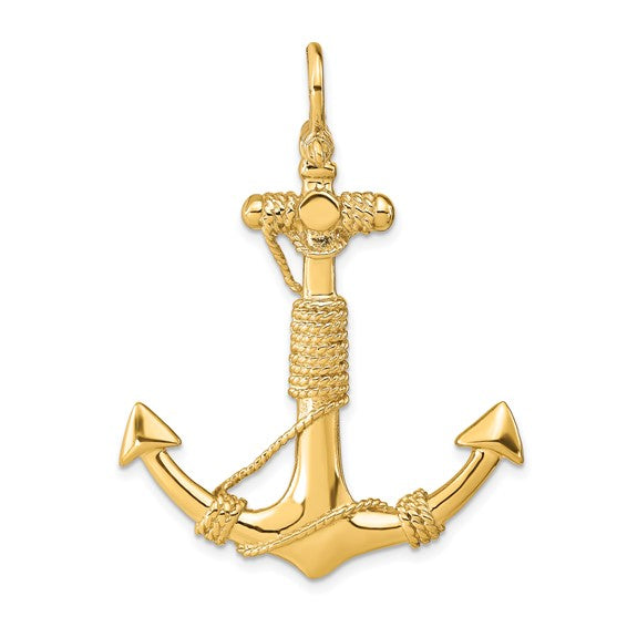 10kt Yellow Gold 3-D Solid Anchor with Rope Pendant