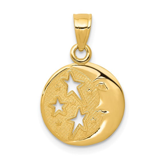10kt Yellow Gold Polished Flat-Backed Moon with Three Stars Pendant