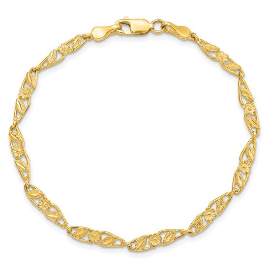 10kt Yellow Gold Solid Polished Open Back Flower & Leaf Bracelet