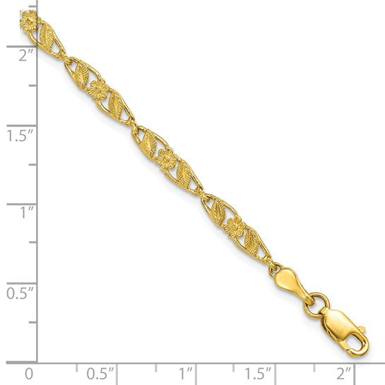 10kt Yellow Gold Solid Polished Open Back Flower & Leaf Bracelet