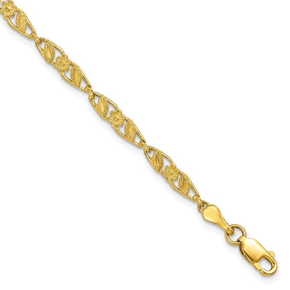 10kt Yellow Gold Solid Polished Open Back Flower & Leaf Bracelet