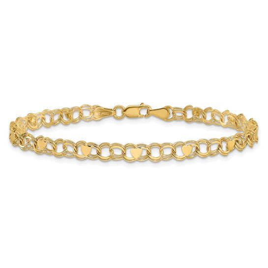 10kt Yellow Gold Double Link with Hearts Charm Bracelet