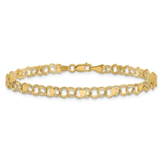 10kt Yellow Gold Double Link with Hearts Charm Bracelet