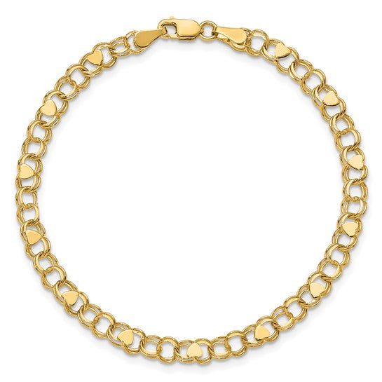 10kt Yellow Gold Double Link with Hearts Charm Bracelet
