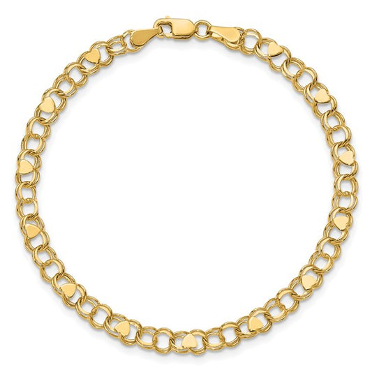 10kt Yellow Gold Double Link with Hearts Charm Bracelet