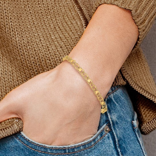 10kt Yellow Gold Double Link with Hearts Charm Bracelet