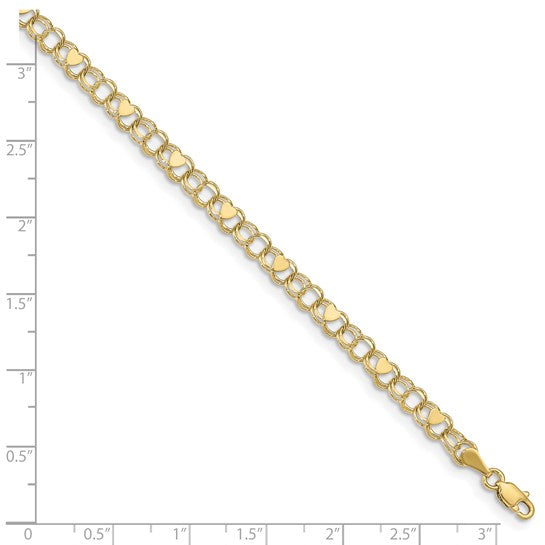 10kt Yellow Gold Double Link with Hearts Charm Bracelet