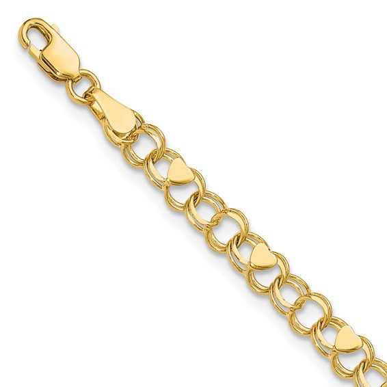 10kt Yellow Gold Double Link with Hearts Charm Bracelet