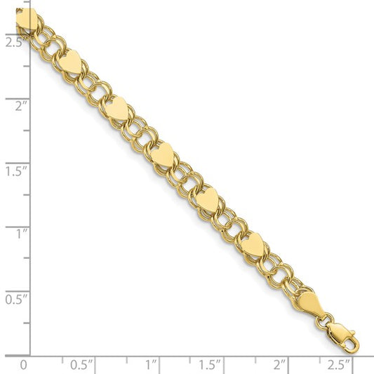 10kt Yellow Gold Double Link with Hearts Charm Bracelet