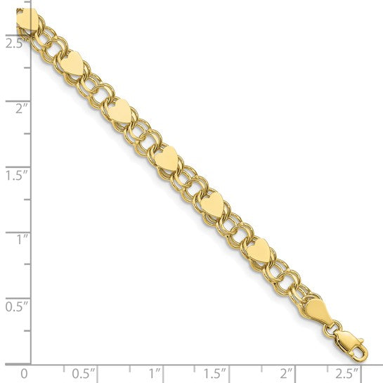 10kt Yellow Gold Double Link with Hearts Charm Bracelet