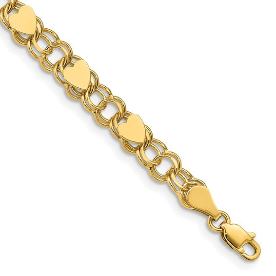 10kt Yellow Gold Double Link with Hearts Charm Bracelet
