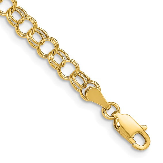 10kt Yellow Gold 7 inch 5.5mm Hollow Diamond-cut Double Link Charm Bracelet