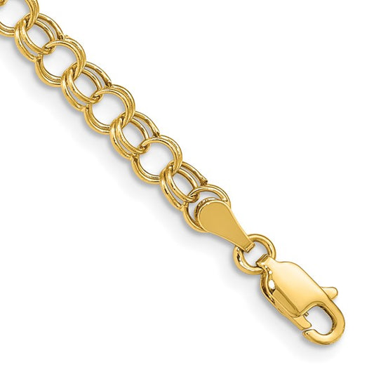 10kt Yellow Gold 7 inch 5.5mm Hollow Diamond-cut Double Link Charm Bracelet