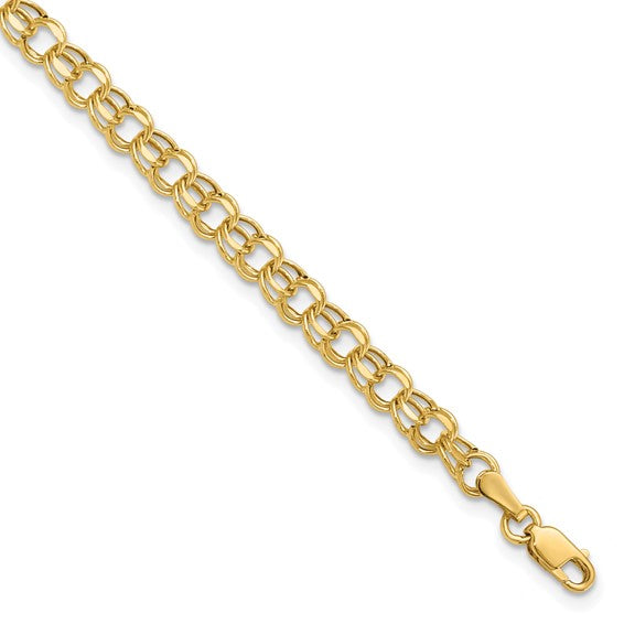 10kt Yellow Gold 7in 4.5mm Hollow Diamond-cut Double Link Charm Bracelet