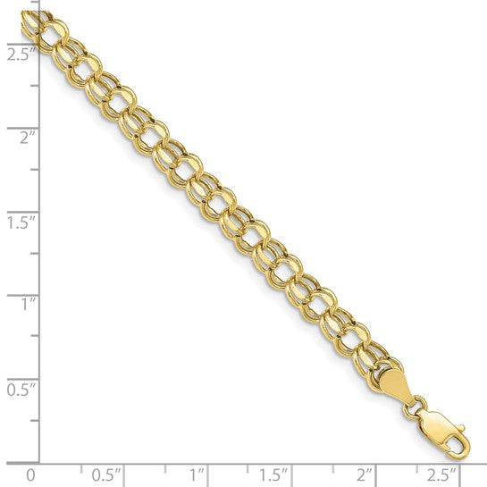 10kt Yellow Gold 8 inch 5.5mm Hollow Diamond-cut Double Link Charm Bracelet