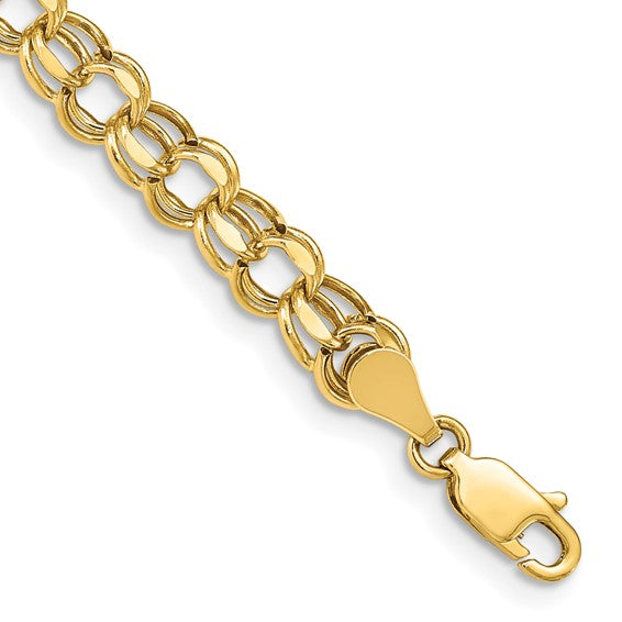 10kt Yellow Gold 8 inch 5.5mm Hollow Diamond-cut Double Link Charm Bracelet