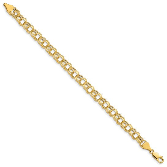 10kt Yellow Gold 8 inch 6.5mm Hollow Diamond-cut Double Link Charm Bracelet