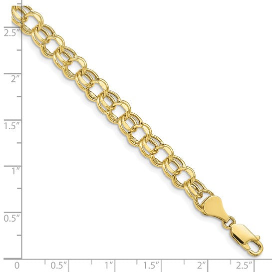 10kt Yellow Gold 8 inch 6.5mm Hollow Diamond-cut Double Link Charm Bracelet