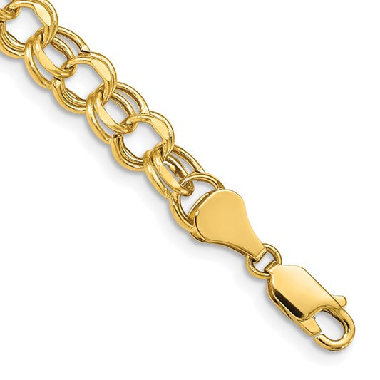 10kt Yellow Gold 8 inch 6.5mm Hollow Diamond-cut Double Link Charm Bracelet