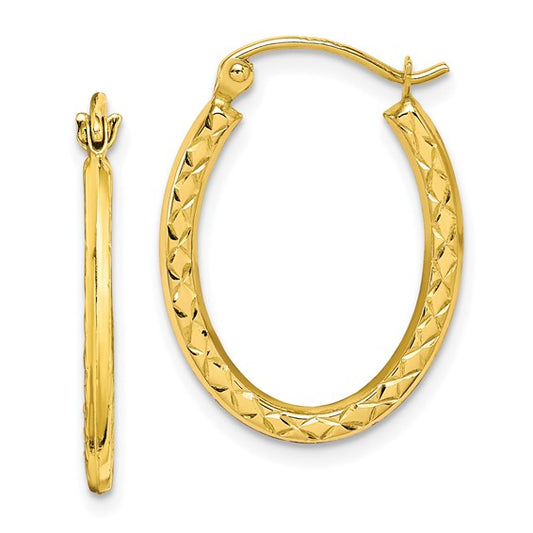 10KT Yellow Gold Textured Hollow Oval Hoop Earrings