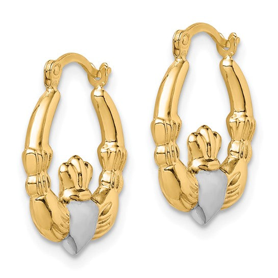 10kt Yellow Gold & Rhodium Claddagh Hollow Hoop Earrings