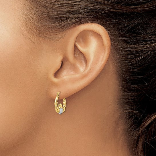 10kt Yellow Gold & Rhodium Claddagh Hollow Hoop Earrings