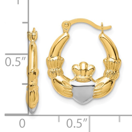 10kt Yellow Gold & Rhodium Claddagh Hollow Hoop Earrings