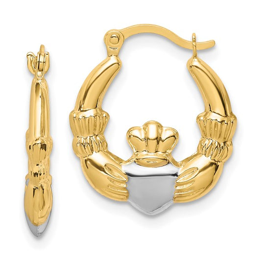10kt Yellow Gold & Rhodium Claddagh Hollow Hoop Earrings
