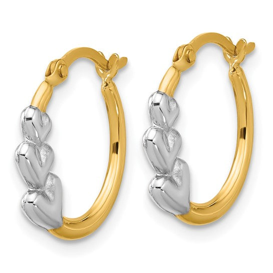 10kt Yellow Gold and Rhodium and Hearts Hollow Hoop Earrings