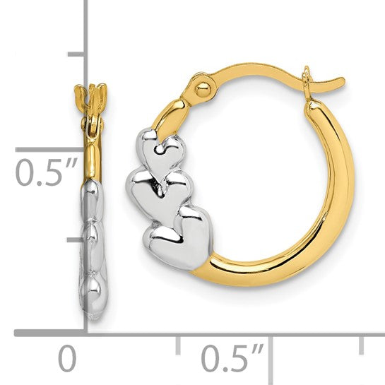 10kt Yellow Gold and Rhodium and Hearts Hollow Hoop Earrings