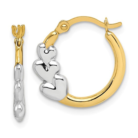 10kt Yellow Gold and Rhodium and Hearts Hollow Hoop Earrings