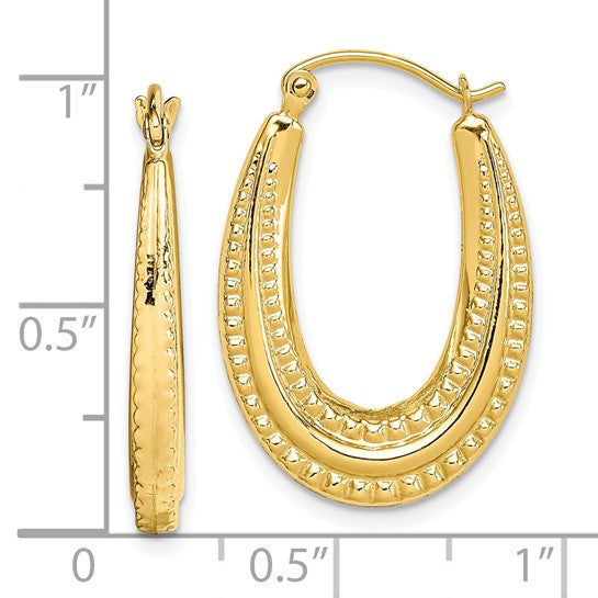 10KT Yellow Gold Textured Oval Hollow Hoop Earrings
