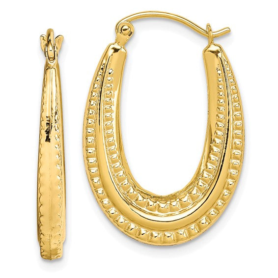 10KT Yellow Gold Textured Oval Hollow Hoop Earrings
