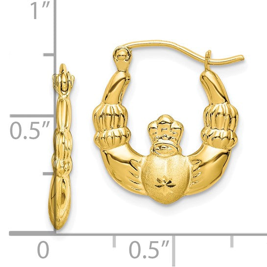 10kt Yellow Gold Polished & Satin Claddagh Hoop Earrings