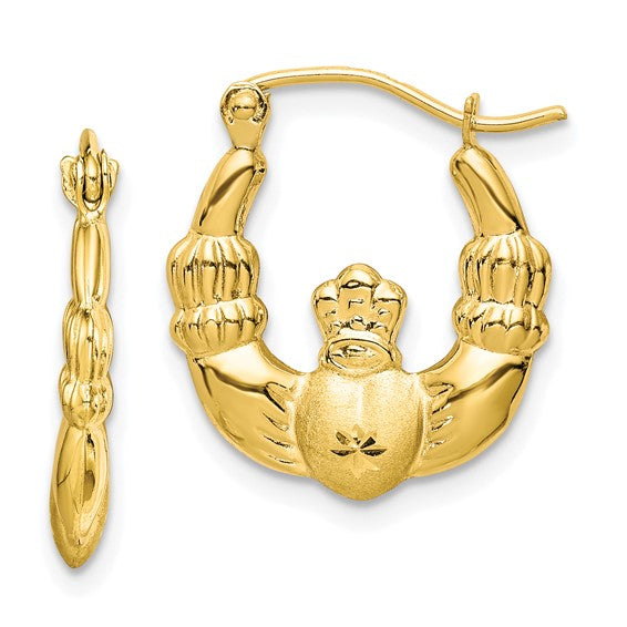 10kt Yellow Gold Polished & Satin Claddagh Hoop Earrings